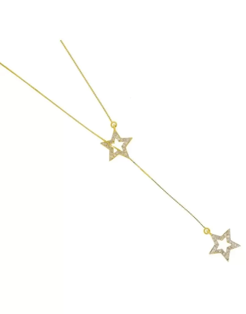 Colar Gravata estrelas com 50 brilhantes Ouro 18k